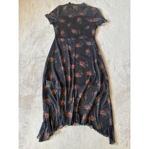 Goth Dark Women's Large Mesh Upper Floral Rose Print‎ Mock Neck Dress Elder Emo